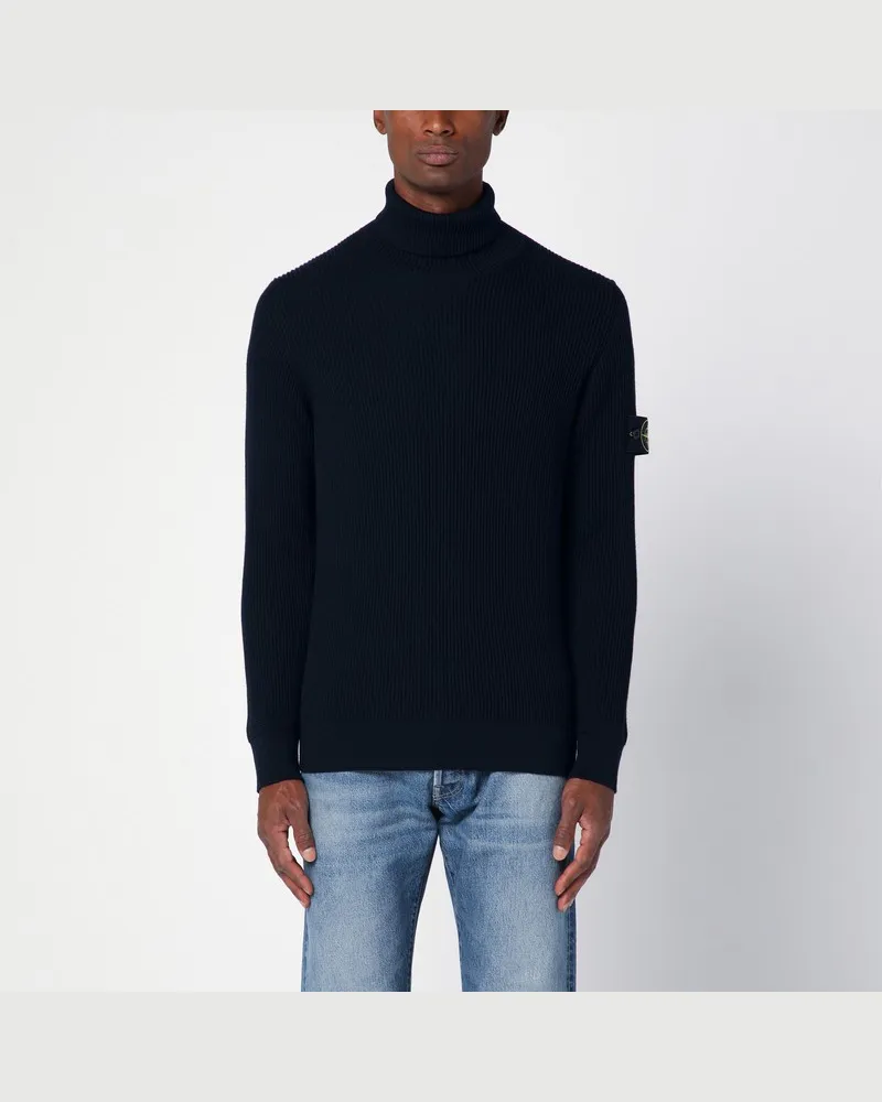 Stone Island Marineblauer gerippter Rollkragenpullover aus Wolle Blau