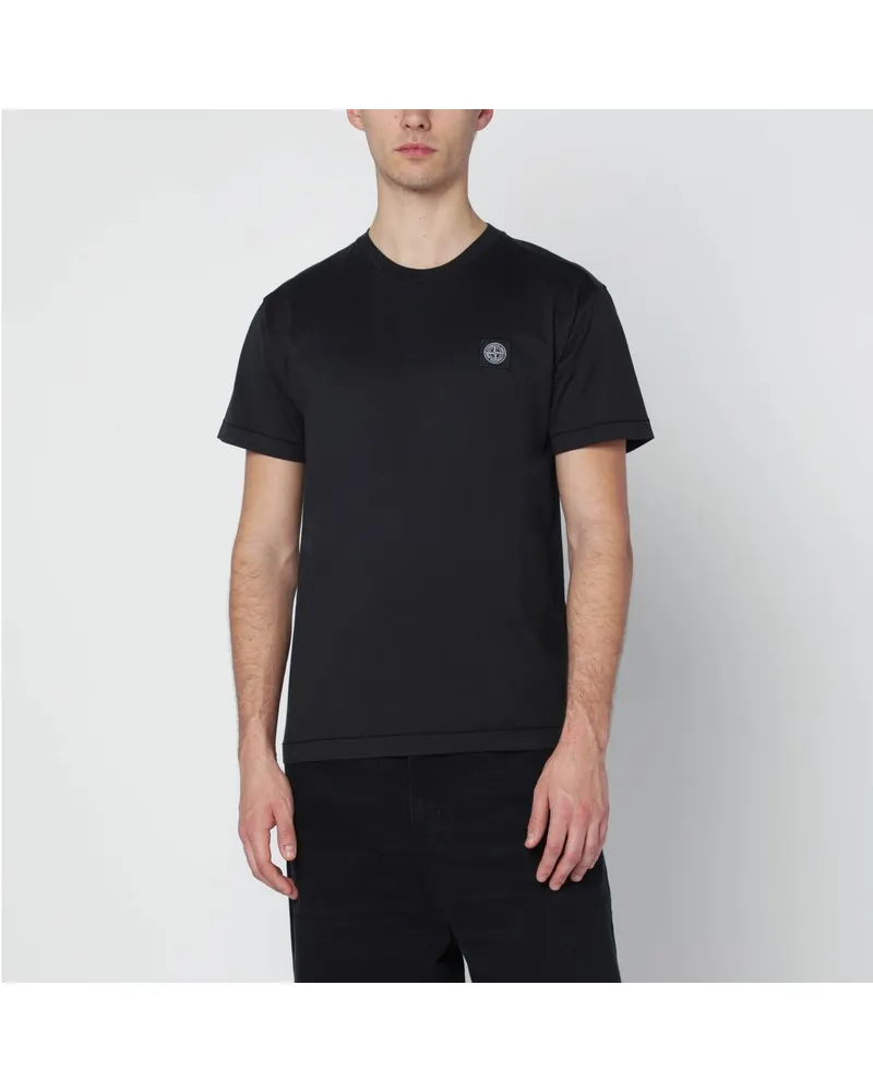 Stone Island Schwarzes Baumwoll-T-Shirt mit Logo-Aufnäher Schwarz