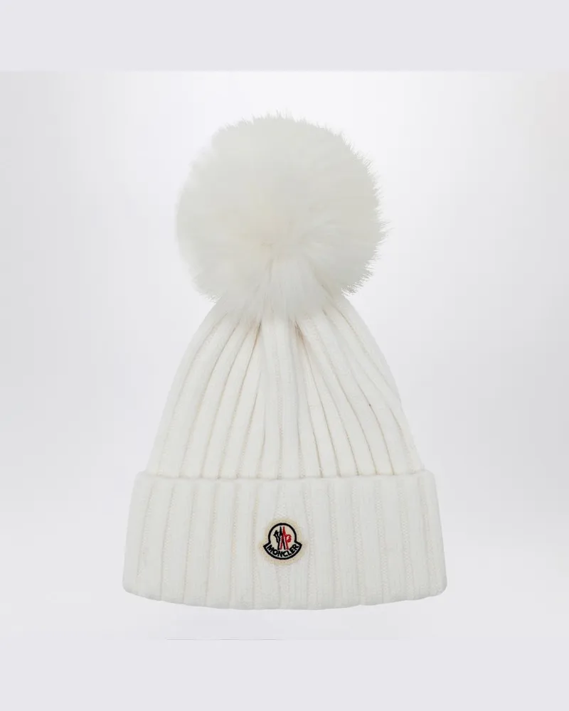 Moncler Weiße Wollmütze mit Bommel Weiß