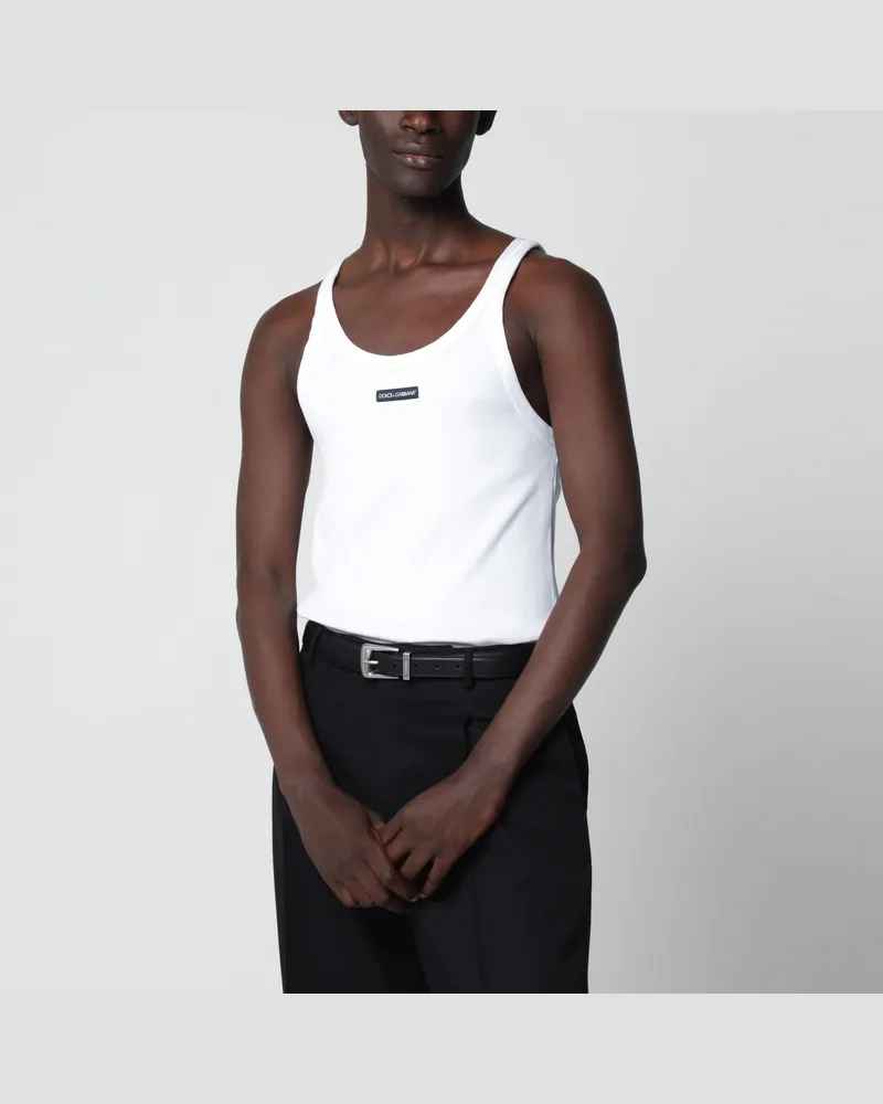 Dolce & Gabbana Weißes geripptes Baumwolltanktop mit Logo-Patch White