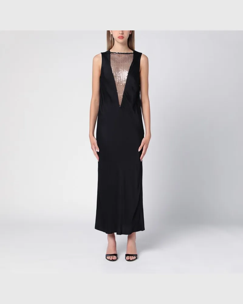 ROTATE Birger Christensen Schwarzes Midikleid mit Mesh-Einsatz Schwarz