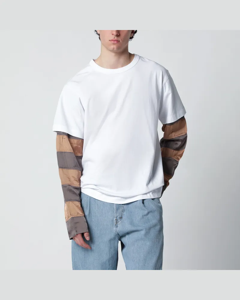 Dries van Noten Weißes T-Shirt mit gestreiften Ärmeln White