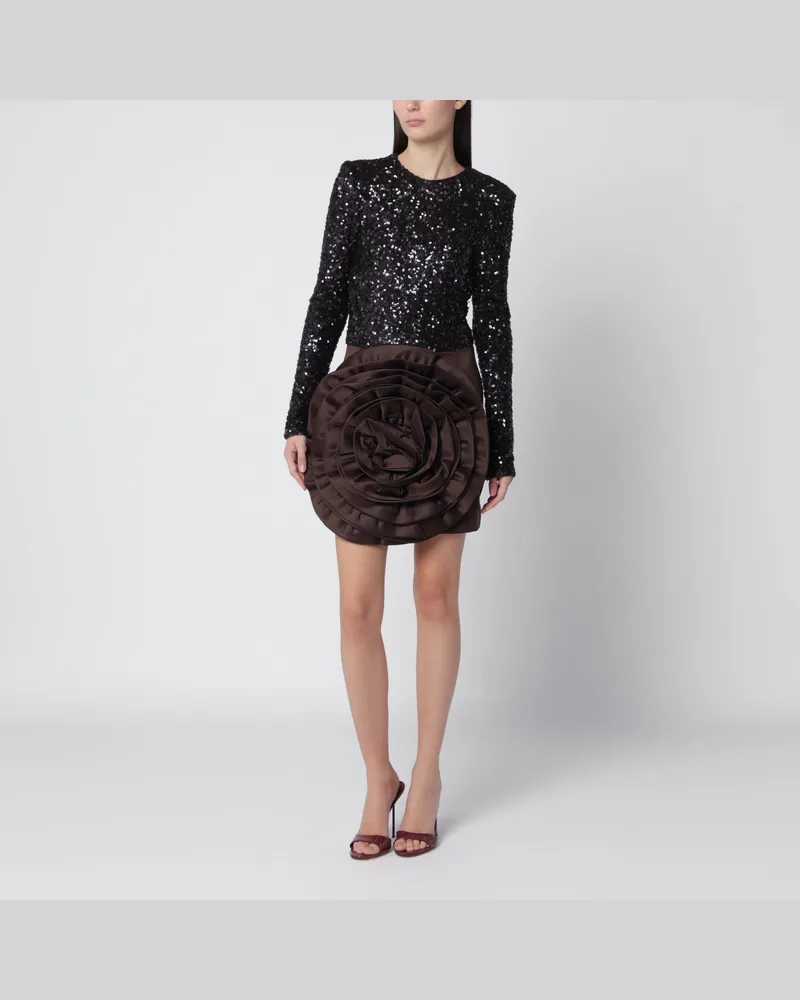 ROTATE Birger Christensen Braunes Molé Minikleid mit Pailletten und Maxi-Blume Brown