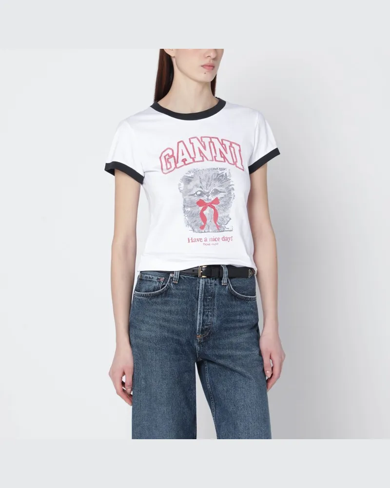 Ganni Weißes cropped T-Shirt mit Logoprint Weiß
