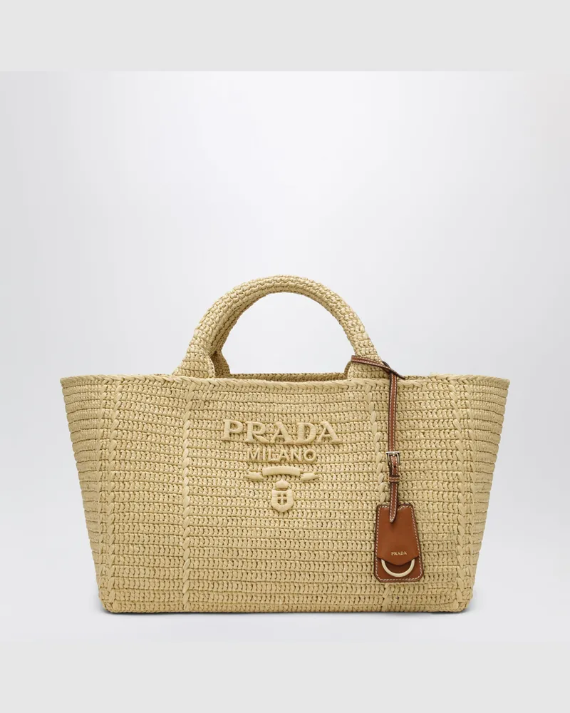 Prada Große Shoppingtasche aus Häkelarbeit mit Lederdetails Yellow