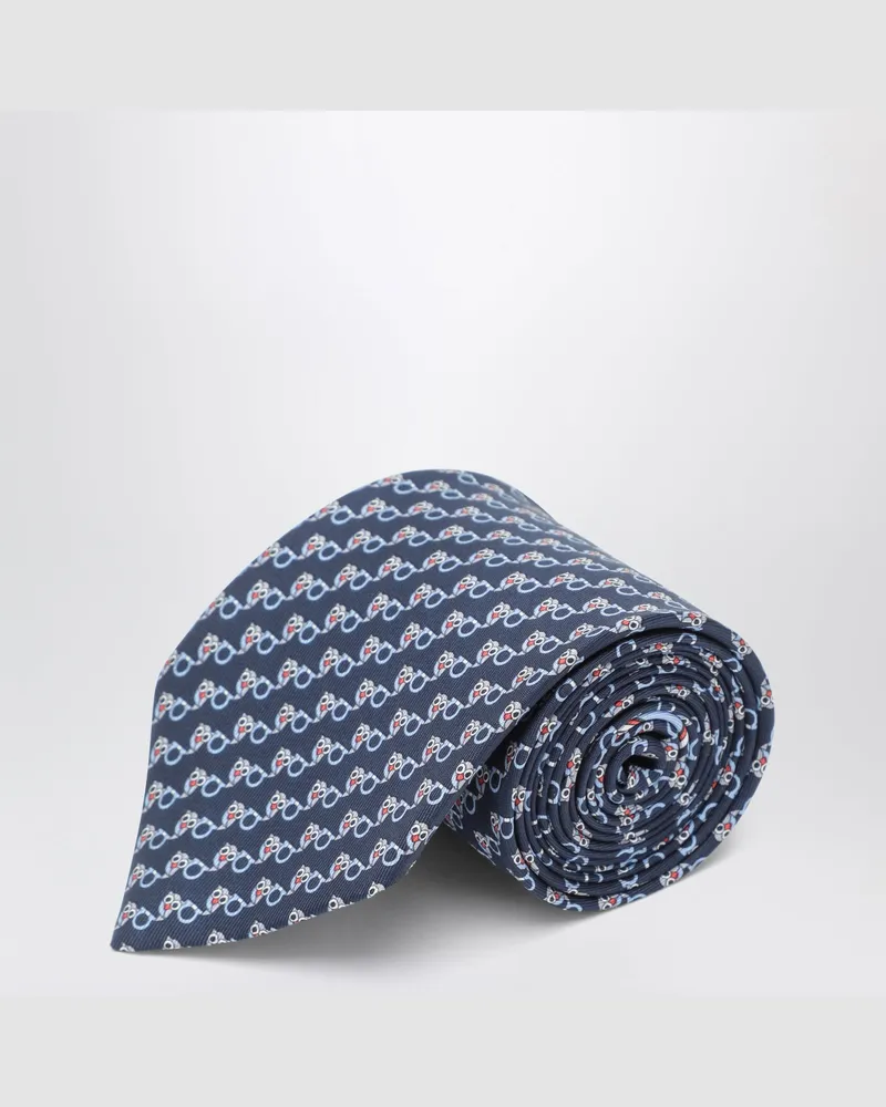 Ferragamo Marineblaue Seidenkrawatte mit Gancini- und Eulenprint Blue