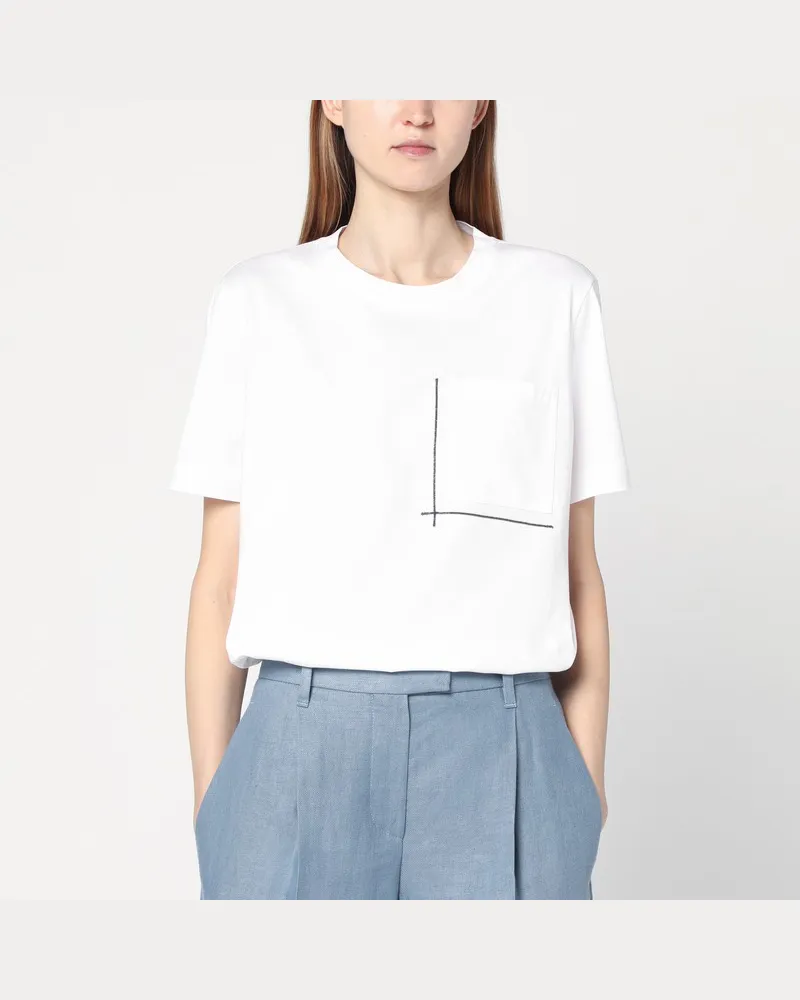 Brunello Cucinelli Weißes T-Shirt aus Baumwolle mit glänzender Tasche Weiß
