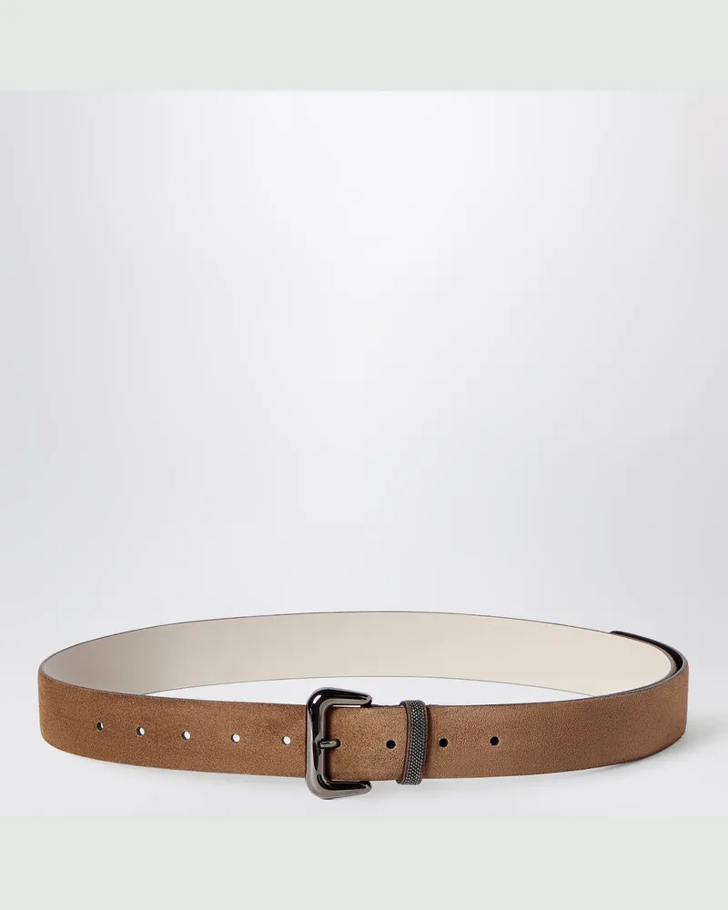 Brunello Cucinelli Karamellfarbener Gürtel aus Veloursleder mit Schmuckdetail Brown
