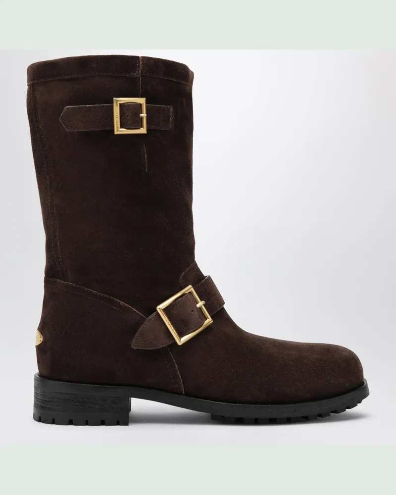 Jimmy Choo Bikerstiefel aus Veloursleder in Chocolate Brown