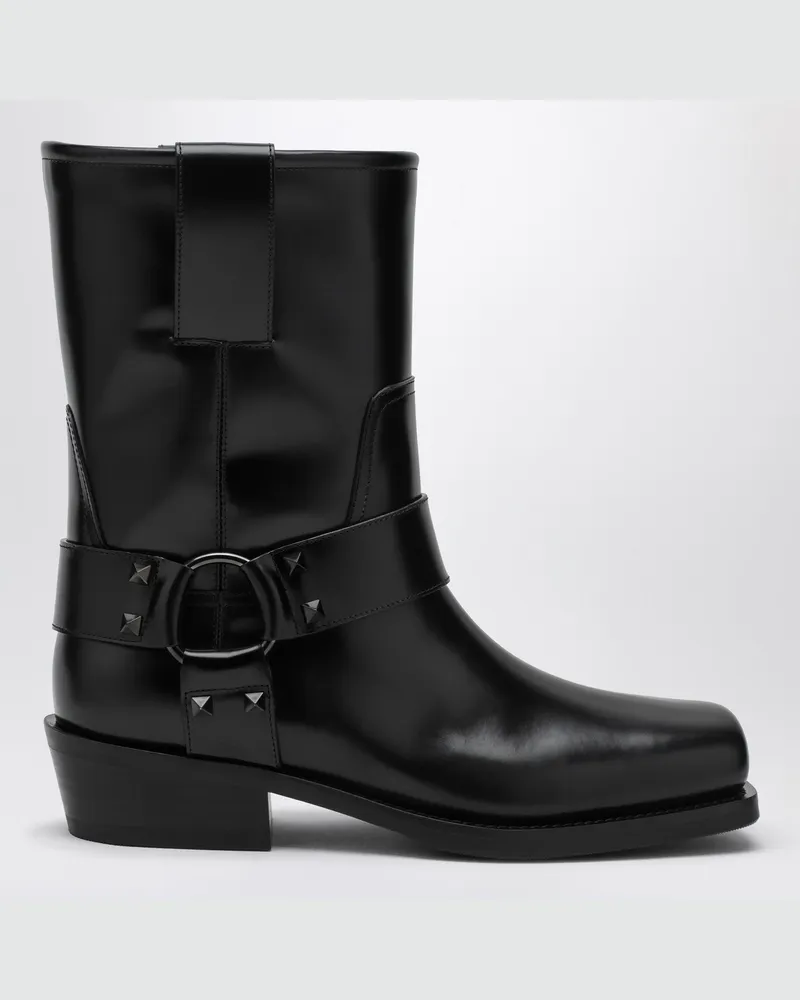 Valentino Garavani Schwarzes Leder Biker Rockstud Stiefel niedrig Black