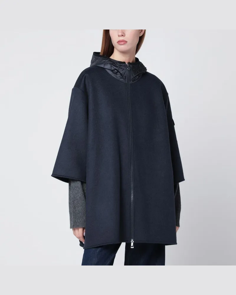Moncler Blaue Wollmisch-Cape mit Reißverschluss und Kapuze Blau