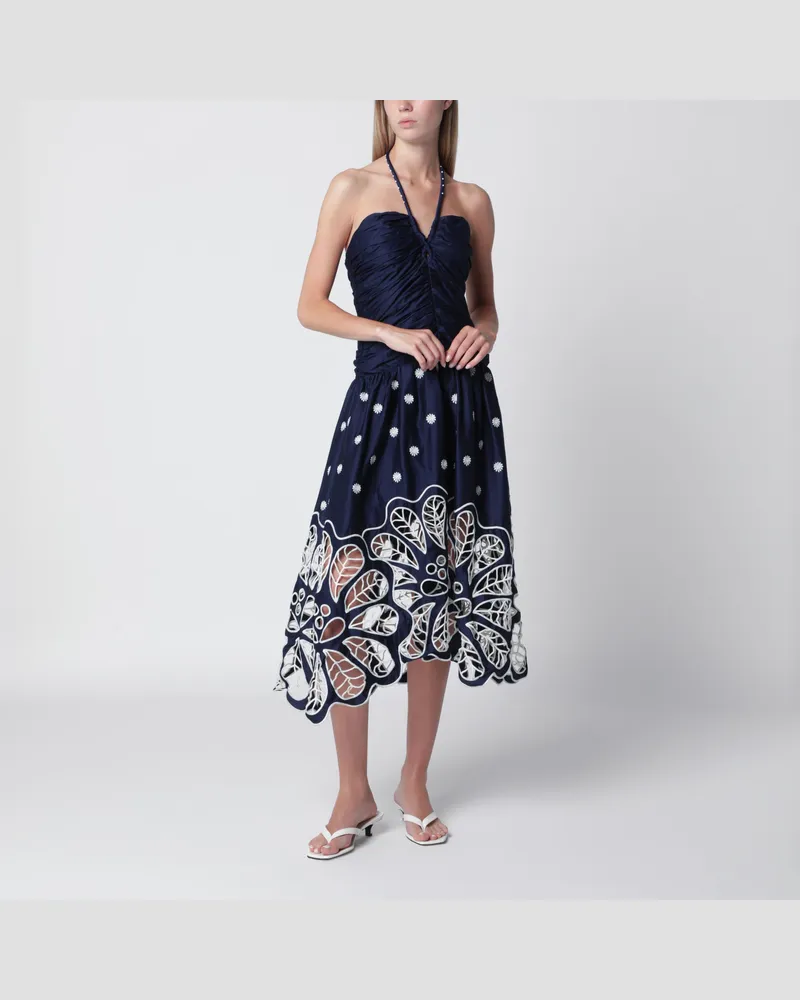 FARM Rio Marineblaues Richelieu-Midikleid mit Stickereien Blue