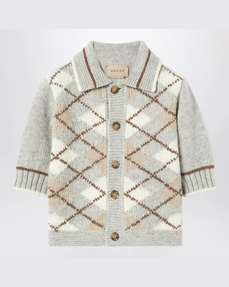 Gucci Graue/beigefarbene Strickjacke mit Rauteneinsatz Grau