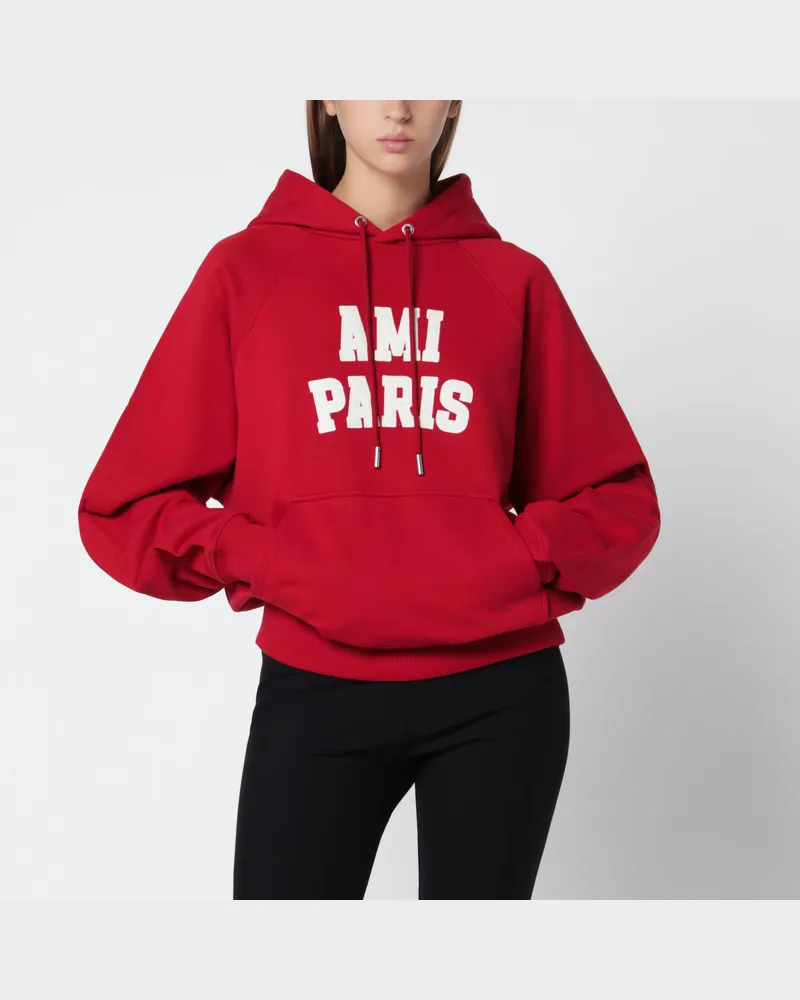 AMI Paris Rotes Kapuzen-Sweatshirt mit Logo-Stickerei Red