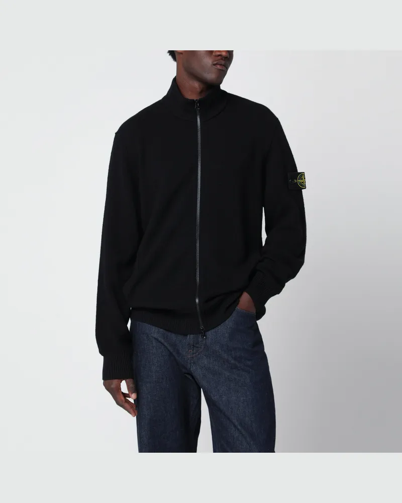 Stone Island Schwarzer Wollpullover mit Reißverschluss Black