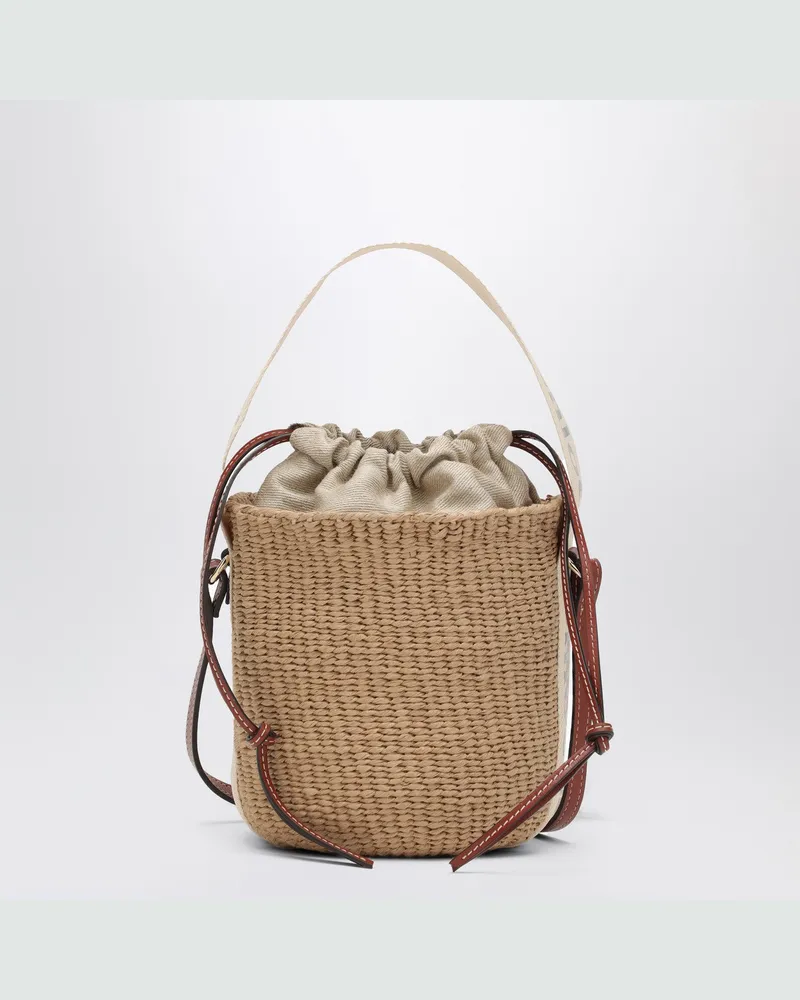 Chloé Kleine Bucket Bag Woody aus Raffia-Bast White
