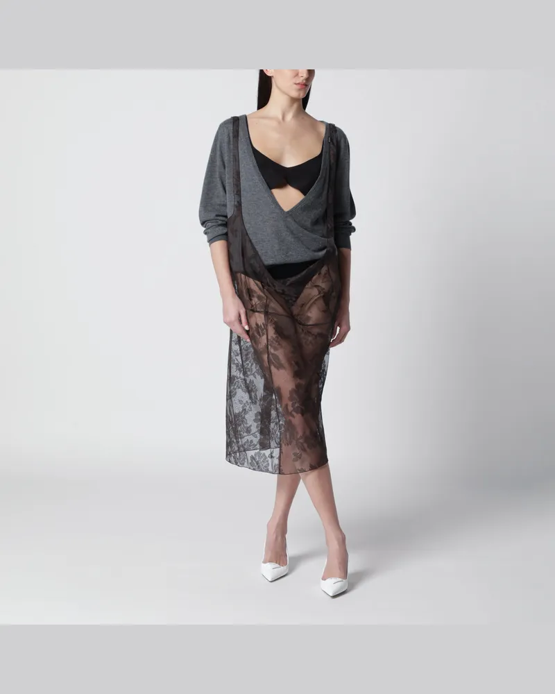Prada Midi-Rock aus Chantilly-Spitze mit Trägern, braun Brown