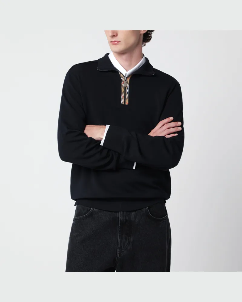 Burberry Marineblauer Wollpullover mit halbem Reißverschluss Blue