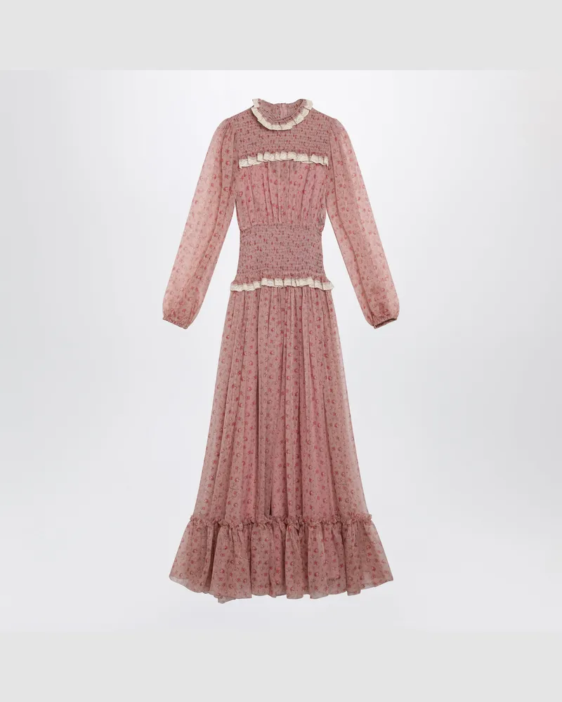 Dolce & Gabbana Langes Kleid aus Chiffon mit Rosenprint in Rosa Pink