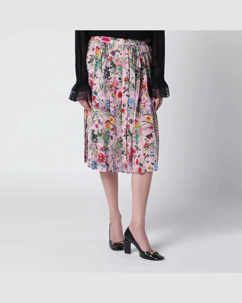 Gucci Midi-Faltenrock aus Seide mit Flora-Print in Rosa Multicolor