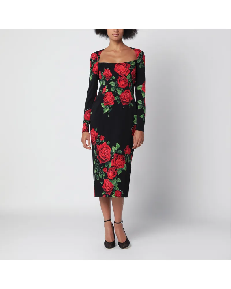 Dolce & Gabbana Midikleid mit Rosenprint aus Seidencharmeuse Black
