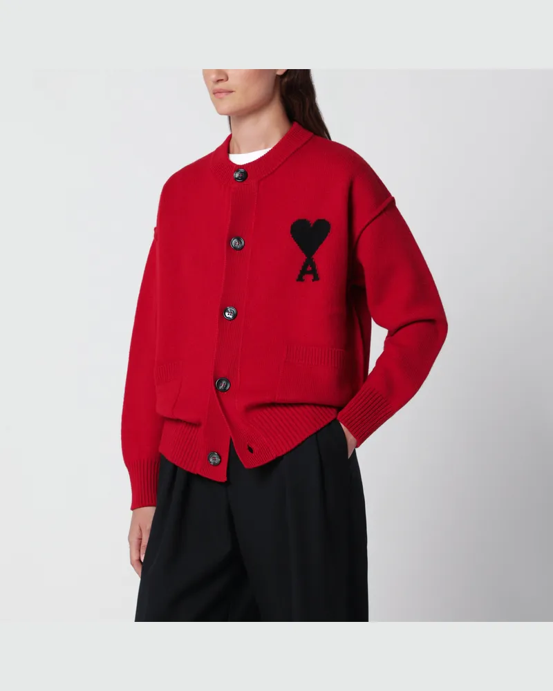 AMI Paris Rubinrote Ami De Coeur Strickjacke aus Merinowolle Red