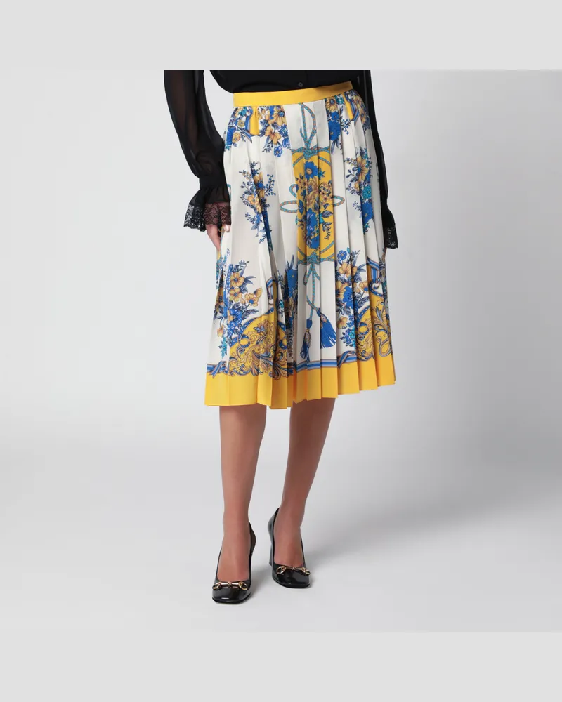 Gucci Plissierter Midirock aus Seide mit Flora-Print in Gelb/Elfenbein Yellow