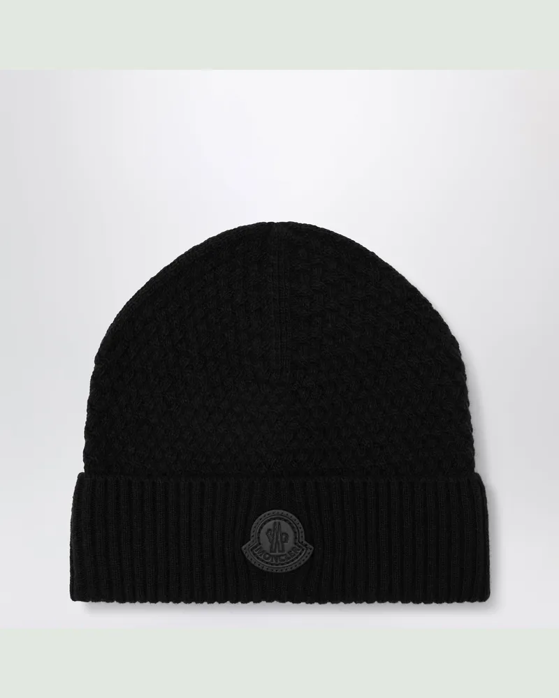 Moncler Schwarze Wollmütze mit Logo-Patch Black