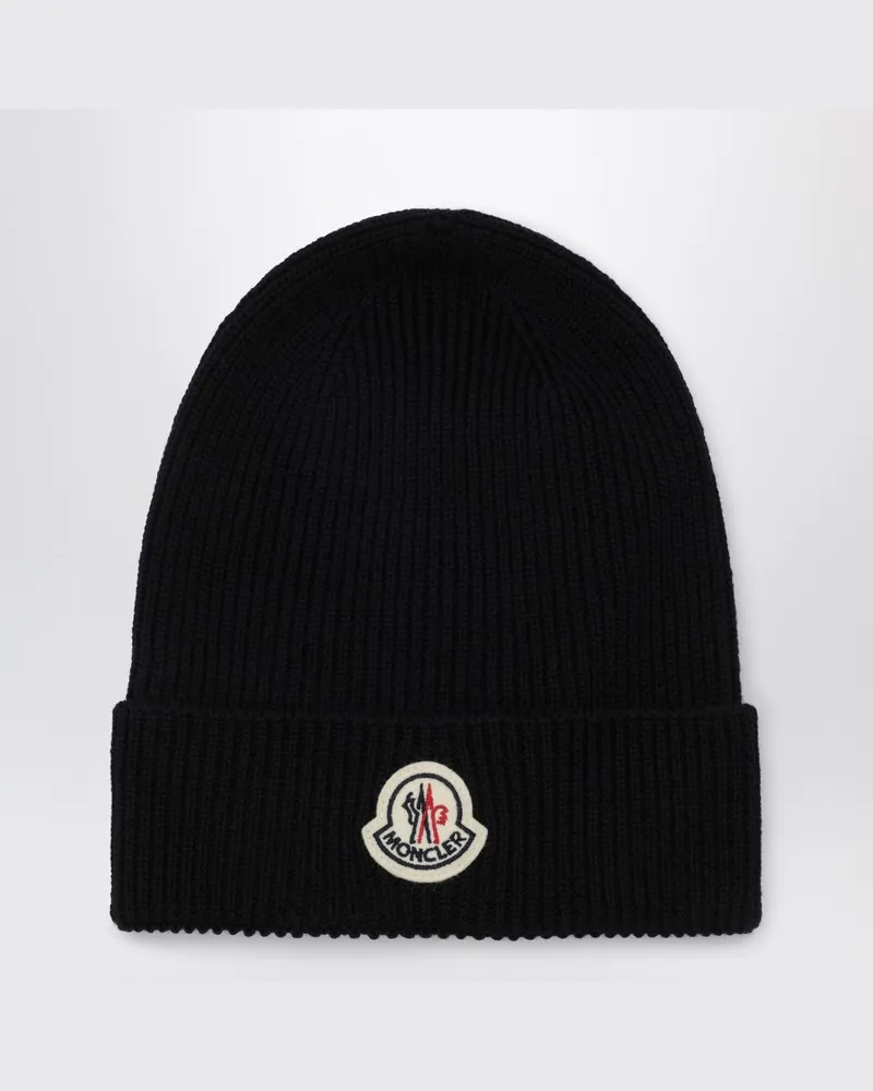 Moncler Blaue Wollmütze mit Logopatch Blau