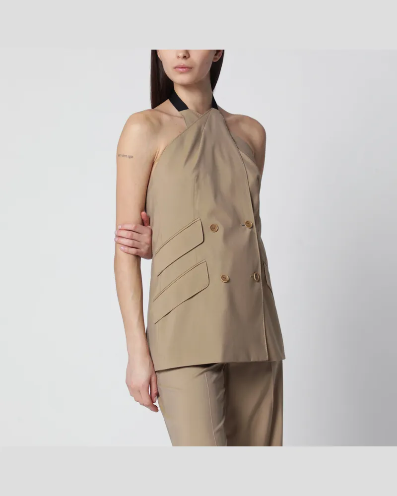 Max Mara Ärmellose Jacke aus sandfarbener Woll- und Seidenpopeline Beige