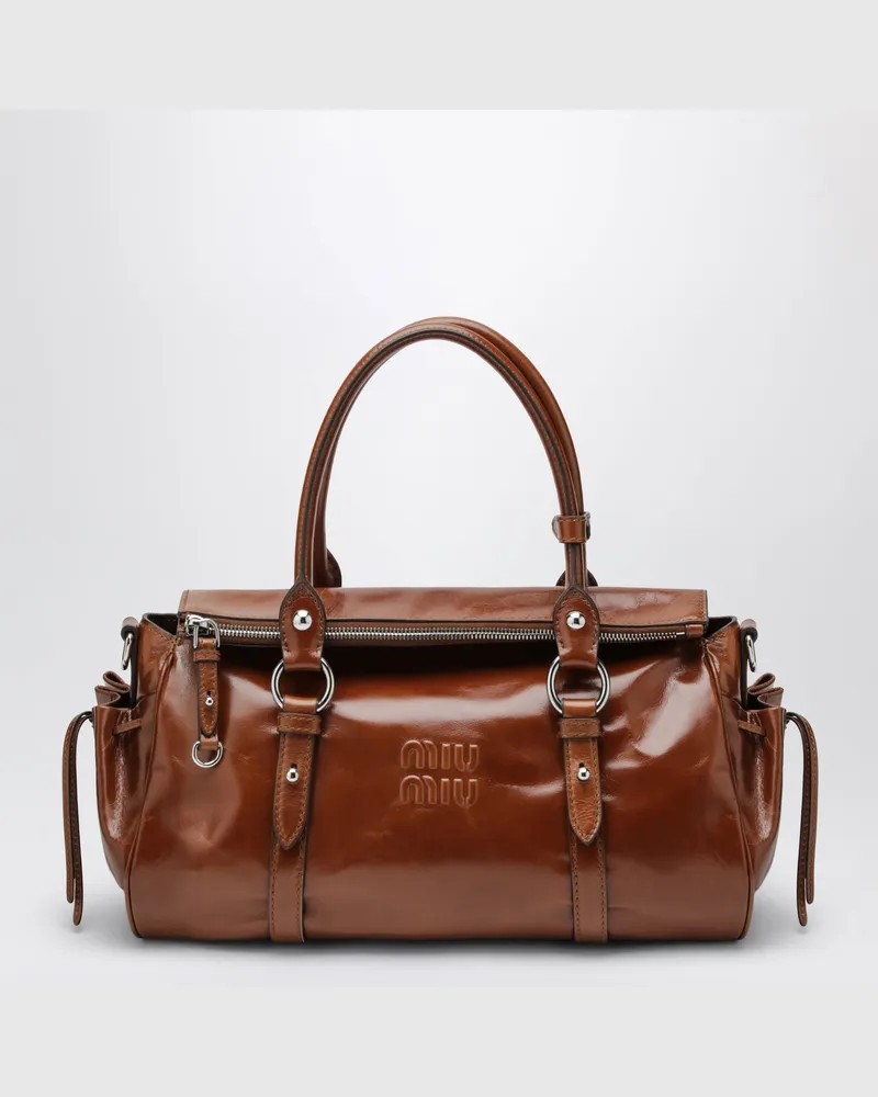 Miu Miu Große Handtasche aus glänzendem Palisanderleder Brown