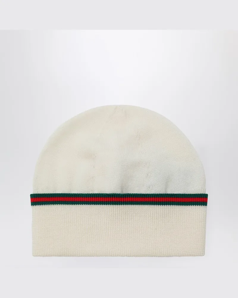 Gucci Weiße Wollmütze mit Webband Weiß