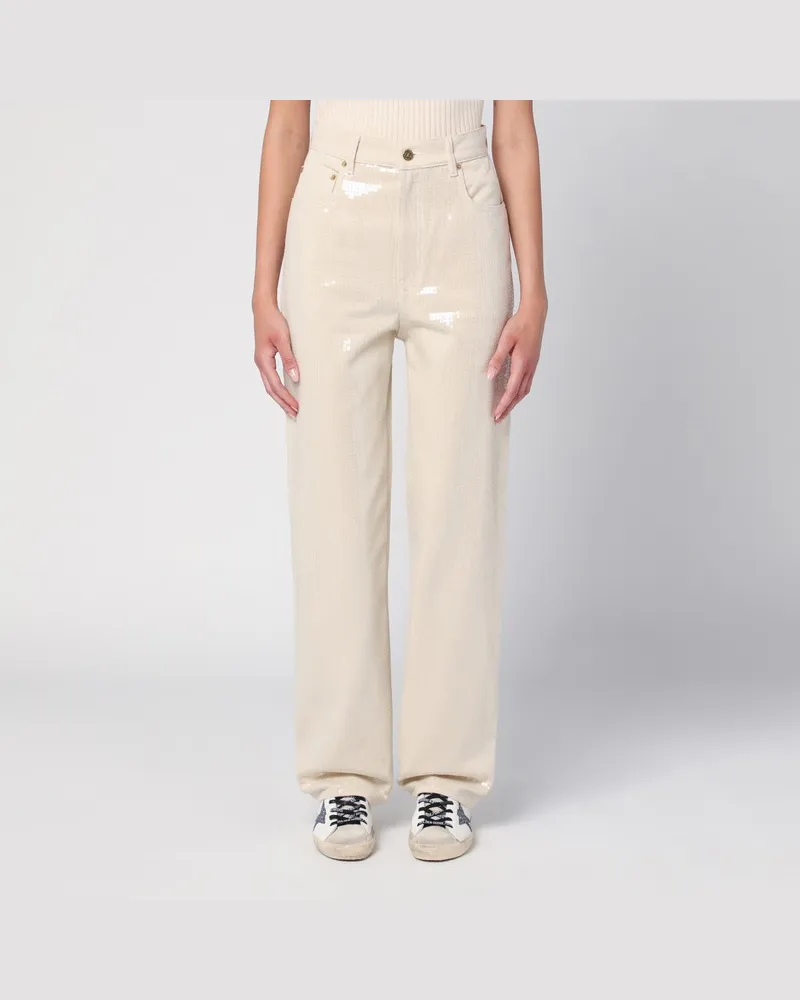 Golden Goose Ecrufarbene Hose mit transparenten Pailletten Beige
