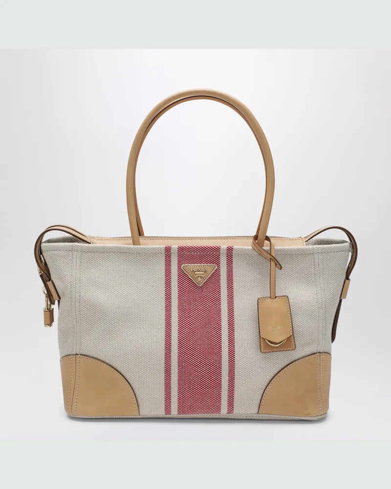 Prada Große Shoppingtasche aus Canvas und naturfarbenem/rotem Leder Beige