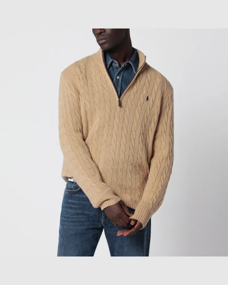 Ralph Lauren Camelfarbener Zopfmusterpullover aus Wolle und Kaschmir Pink