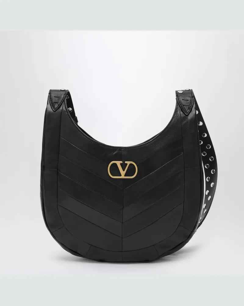 Valentino Garavani Kleine Hoboho-Tasche aus schwarzem Nappaleder mit Chevron-Muster Black