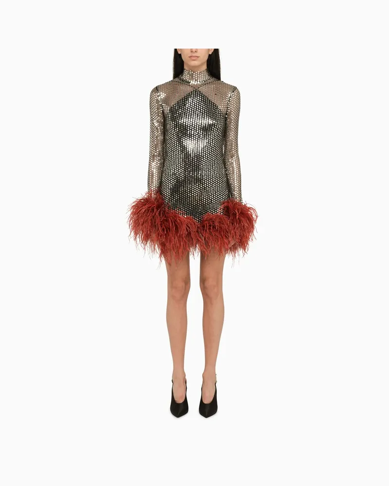 Taller Marmo Kleid mit Federn silber/rot Metallisch