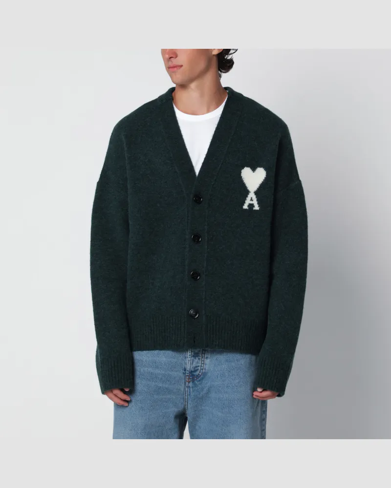AMI Paris Flaschengrüner Ami de Coeur Cardigan aus Alpakamischung Green