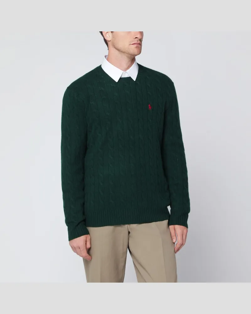 Ralph Lauren Moosfarbener Zopfmusterpullover aus Wolle und Kaschmir Mehrfarbig