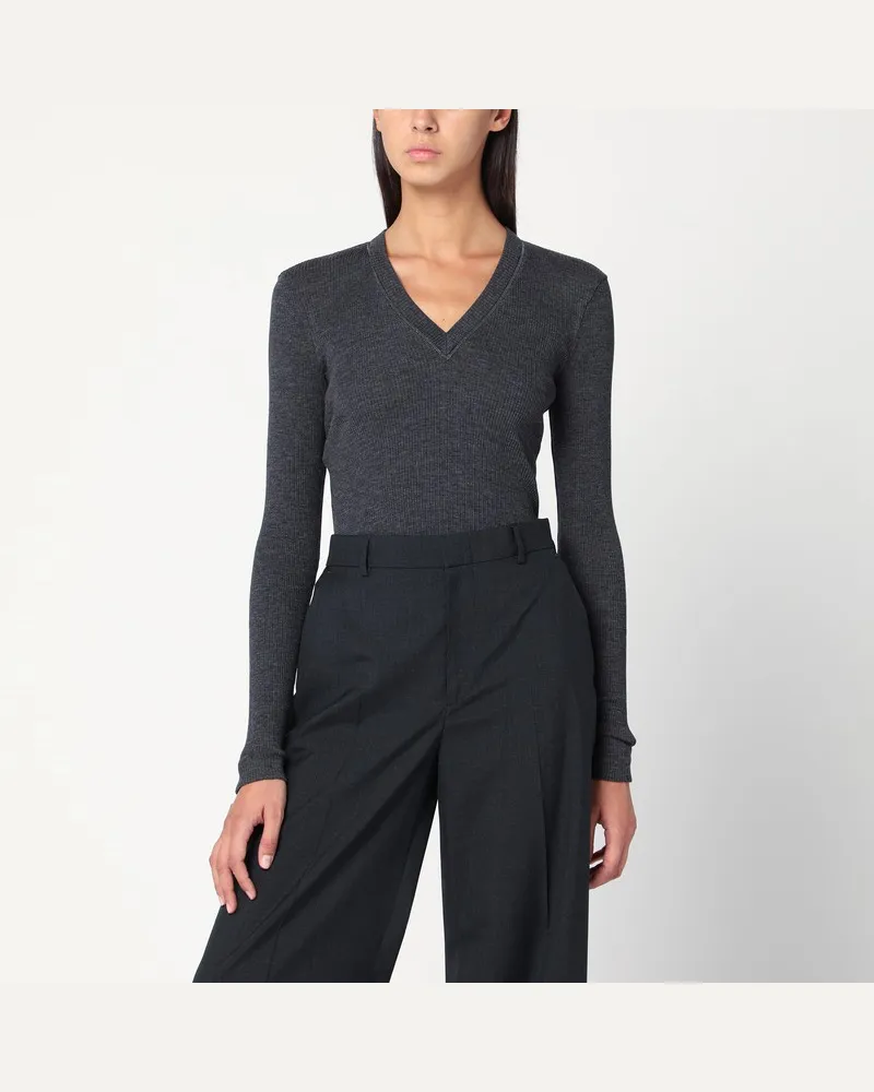 Brunello Cucinelli Dunkelgrauer gerippter Wollpullover Grau
