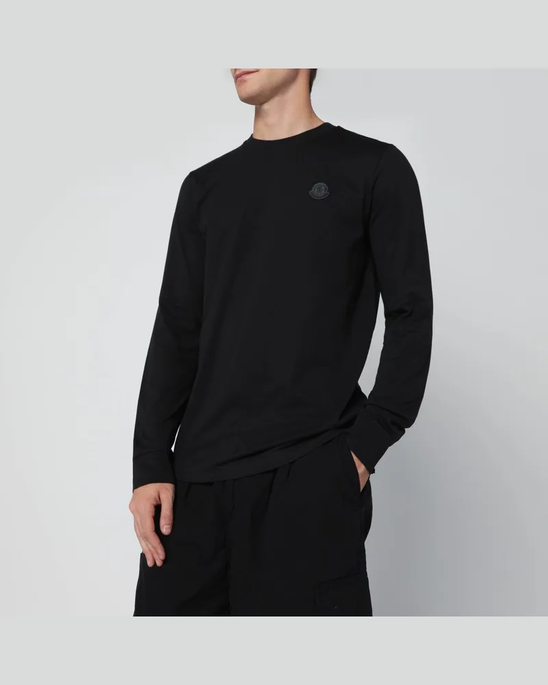 Moncler Schwarzes Langarm-T-Shirt mit Logo-Patch Schwarz