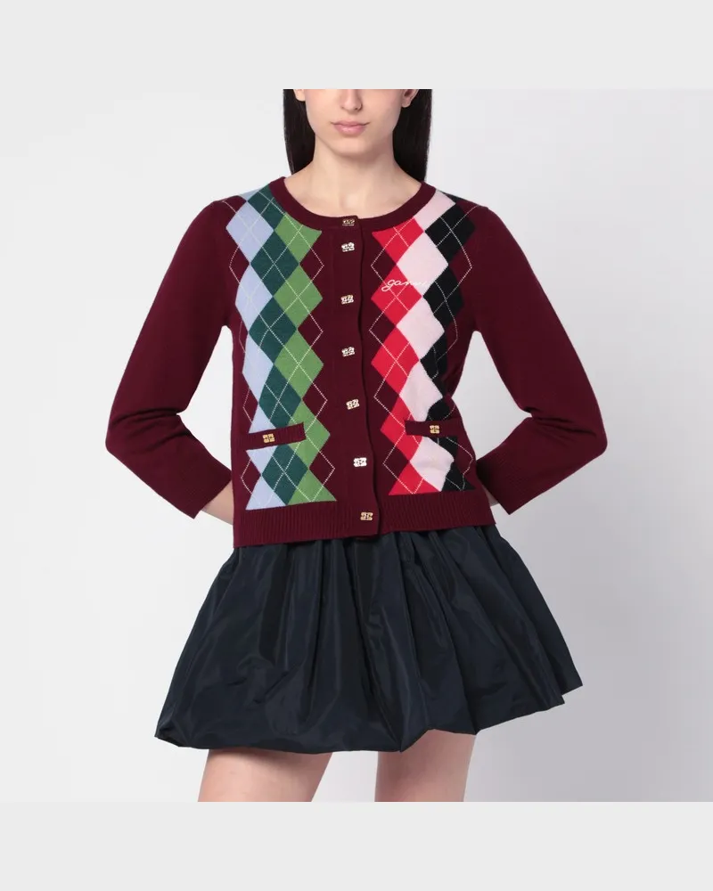 Ganni Bordeauxfarbener karierter Cardigan aus Kaschmirmix Mehrfarbig