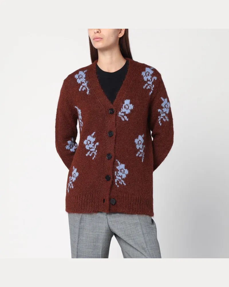 Jil Sander Braune Strickjacke mit Blumenintarsien Braun
