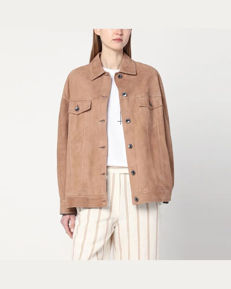 Brunello Cucinelli Braune Leder-Overshirt-Jacke Beige
