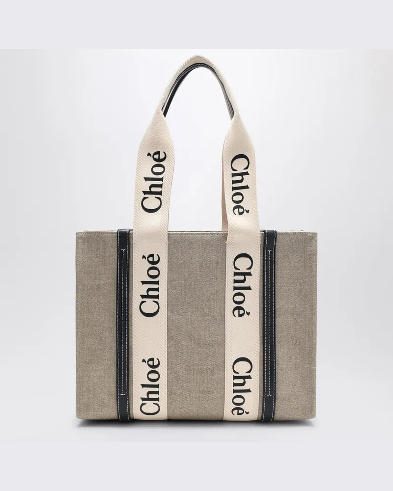 Chloé Woody Tasche in mittlerer Größe aus beigem Canvas Beige