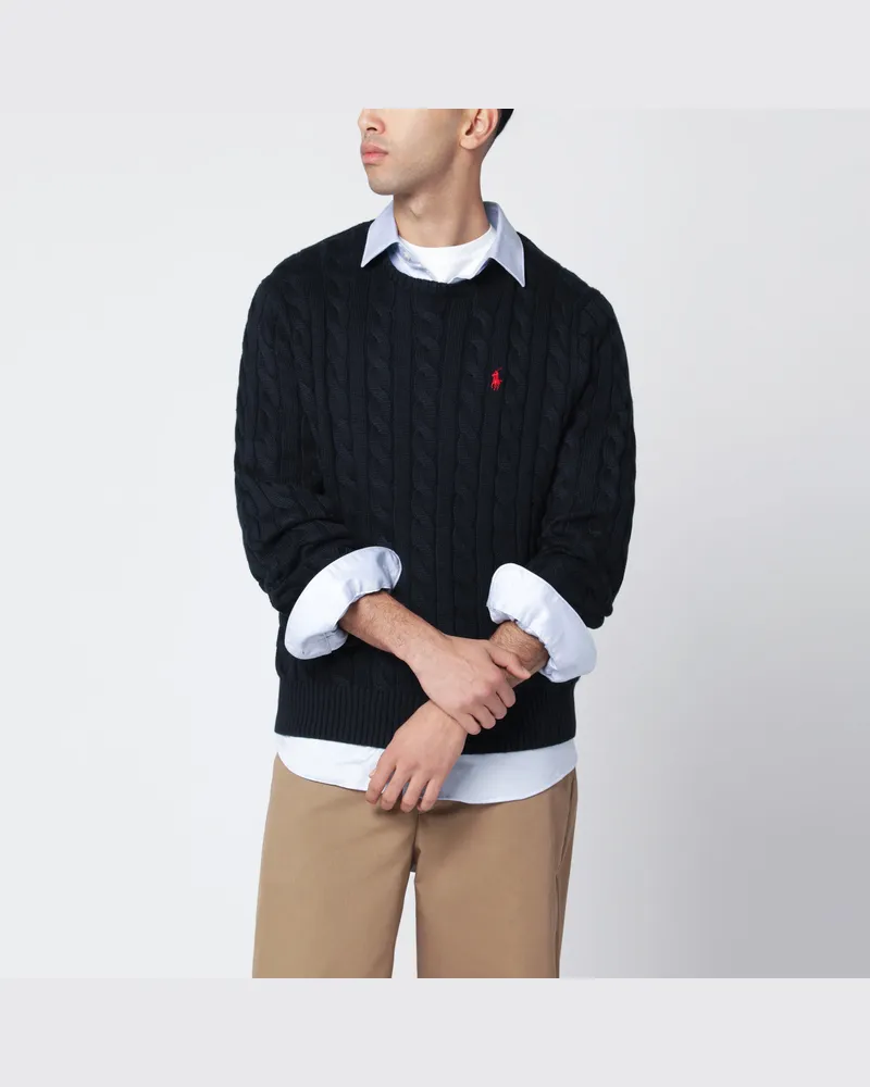 Ralph Lauren Marineblauer Baumwollpullover mit Zopfmuster Blue