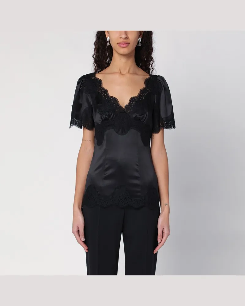 Dolce & Gabbana Schwarzes Top aus Satin und Spitze Schwarz
