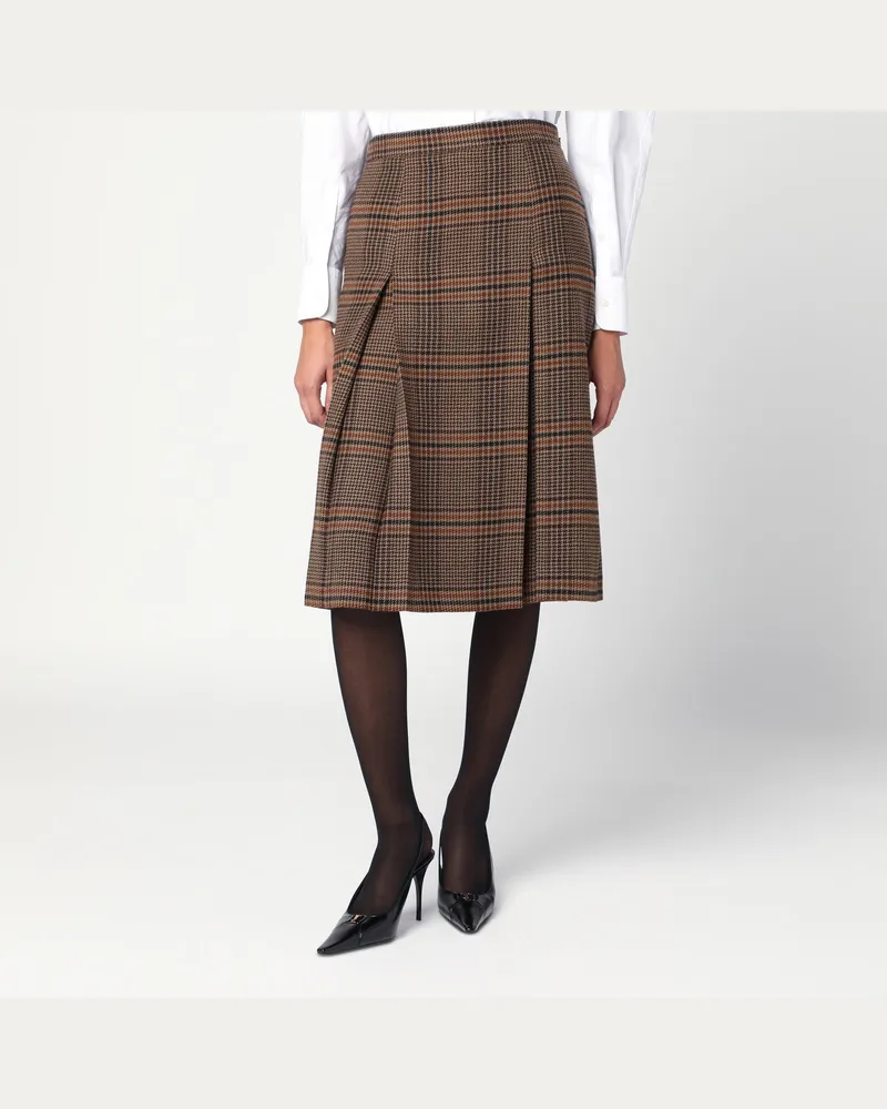 Saint Laurent Prince of Wales wool midi skirt Brown