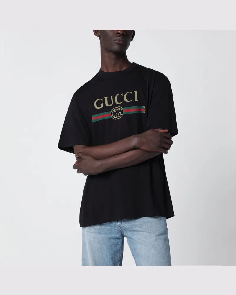 Gucci Schwarzes Seidenmisch-T-Shirt Mit Logo-Print Black