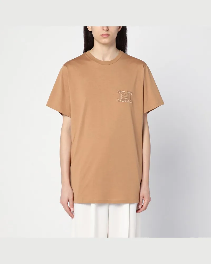 Max Mara Beigefarbenes Oversize T-Shirt aus Baumwolle mit Logostickerei Beige